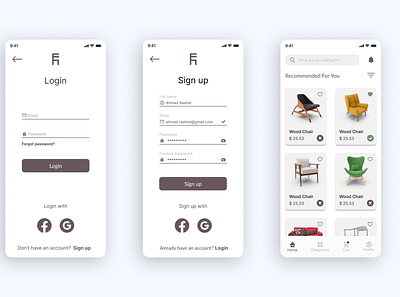 FurnitureHub App UI app e commerce home login mobile design products screen sign up ui ui ux ux