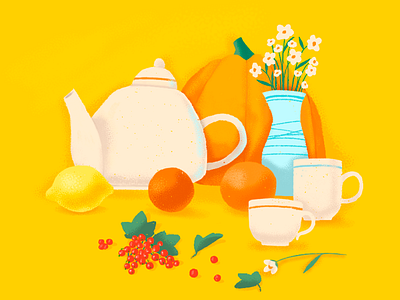 Summer vibe artwork breakfast brush cups design flover illustration lemon lovely orange oranges scetch teapot vase