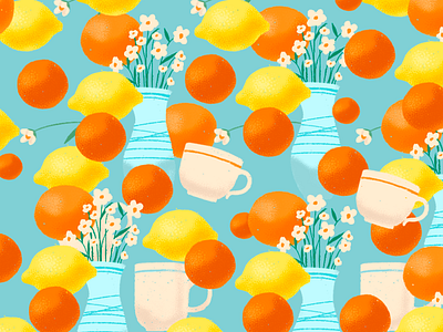 Summer pattern artwork brakfast brush characterdesign cup cups design flower illustration lemon lovely orange pattern scetch vase