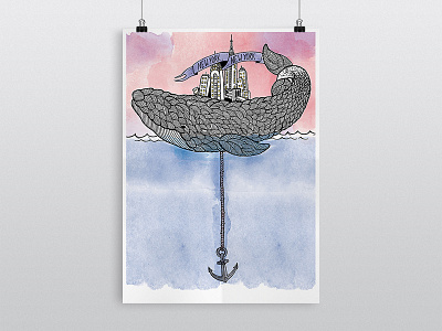 NYC, A Whale of a Time anchor drawing illustration nautical new york pen poster watercolor whale