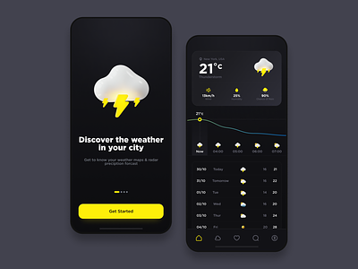 Weather App app app design application cloud dark theme dark ui design dribbble mobile mobile app sun thunder ui uiux ux weather