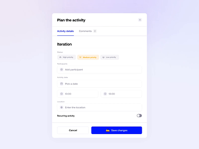 Modal - Plan the activity activities animation calendar gradients graphic design inputs minimal modal motion graphics planning popup product ui ux
