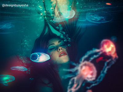 Underwater World amazing bubbles ccol design designbyayesha designer drown effect filter girl glowing graphicdesign graphics jellyfish level lightning photoshop practice underwater world