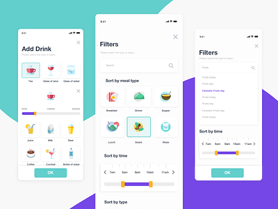 Filters ux/ui app clean design dribbble filters fitness green icons illustration ios layout mobile purple shot sketch sorting ui ux