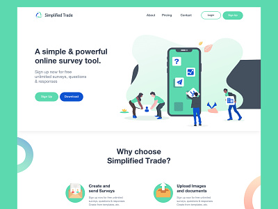 Home page for Simplified Trade app design green homepage icons illustration ladningpage logo saas shot sketch surveys ui deisgn ux design uxiu vector
