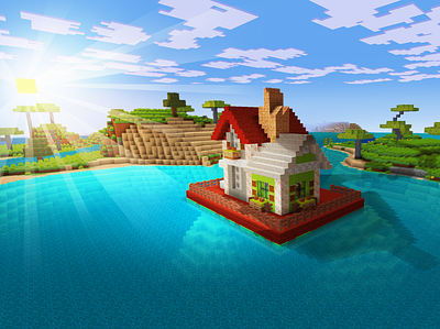 Cute Little House on Water in Realmcraft Free Minecraft Style Ga build craft free minecraft game art game design games landscape minecraft building nature pixel art realmcraft