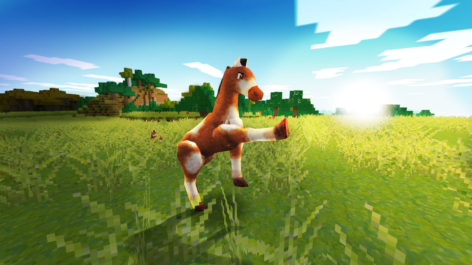 Funny Horse Jumping in Field in Realmcraft Free Minecraft Style by