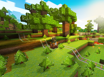 Cute Cow Enjoys Awesome Minecart Rail System in Realmcraft Free build craft free minecraft game art game design games landscape minecraft building nature pixel art realmcraft