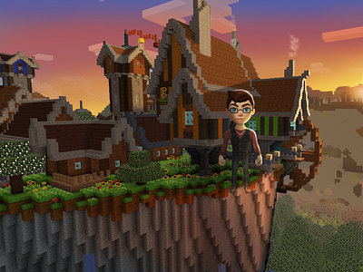 Village in Mountains, Sunset in Free Minecraft RealmCraft