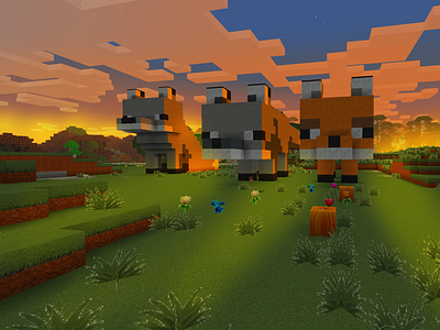 Minecraft Fox in a Field, Sunset in Minecraft, Pixel Animals