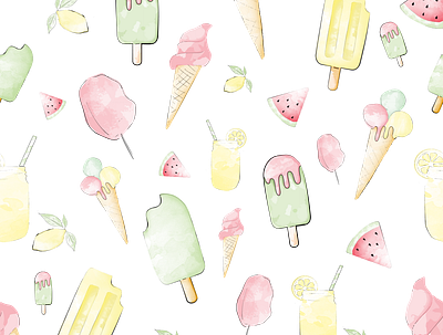 Pastel summer treats candies icecream illustration lemon pattern sweets watermelon