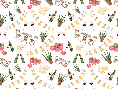 Summer night pattern aloe aperitivo barbecue beer digital painting drink illustration lights pattern tomatos tortillas watercolor wine