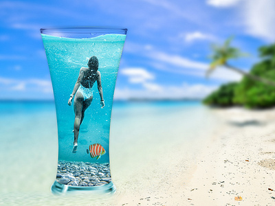 Glass Manipulation abstract artwork beach blue creative design digital girl glass graphics images photo editing photo manipulation photoshop sky swimsuit