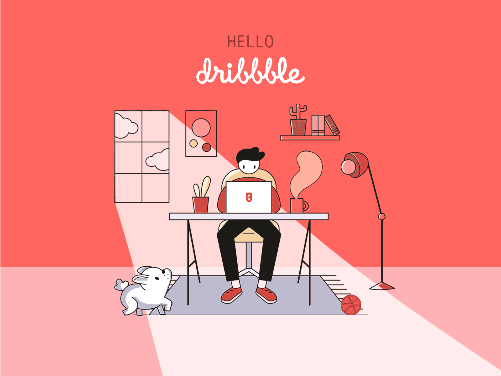 Hello Dribbble! animated gif animation app design app ui design design agency design art flat illustration hellodribbble home office illustration