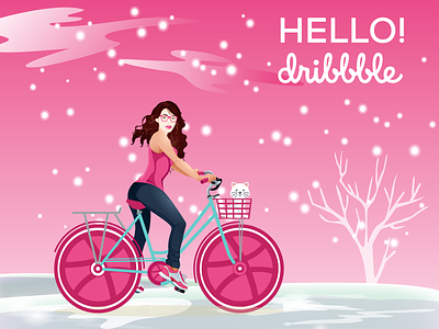 Hello! Dribbble beautiful girl bicycle cute girl debut dribbble first shot girl illustration invitation plant thank you