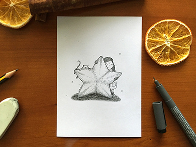 Magic art cat drawing girl illustration ink magic new year star