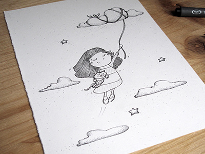 Sweet Dreams* art cat clouds drawing dreams girl good night illustration illustrator ink
