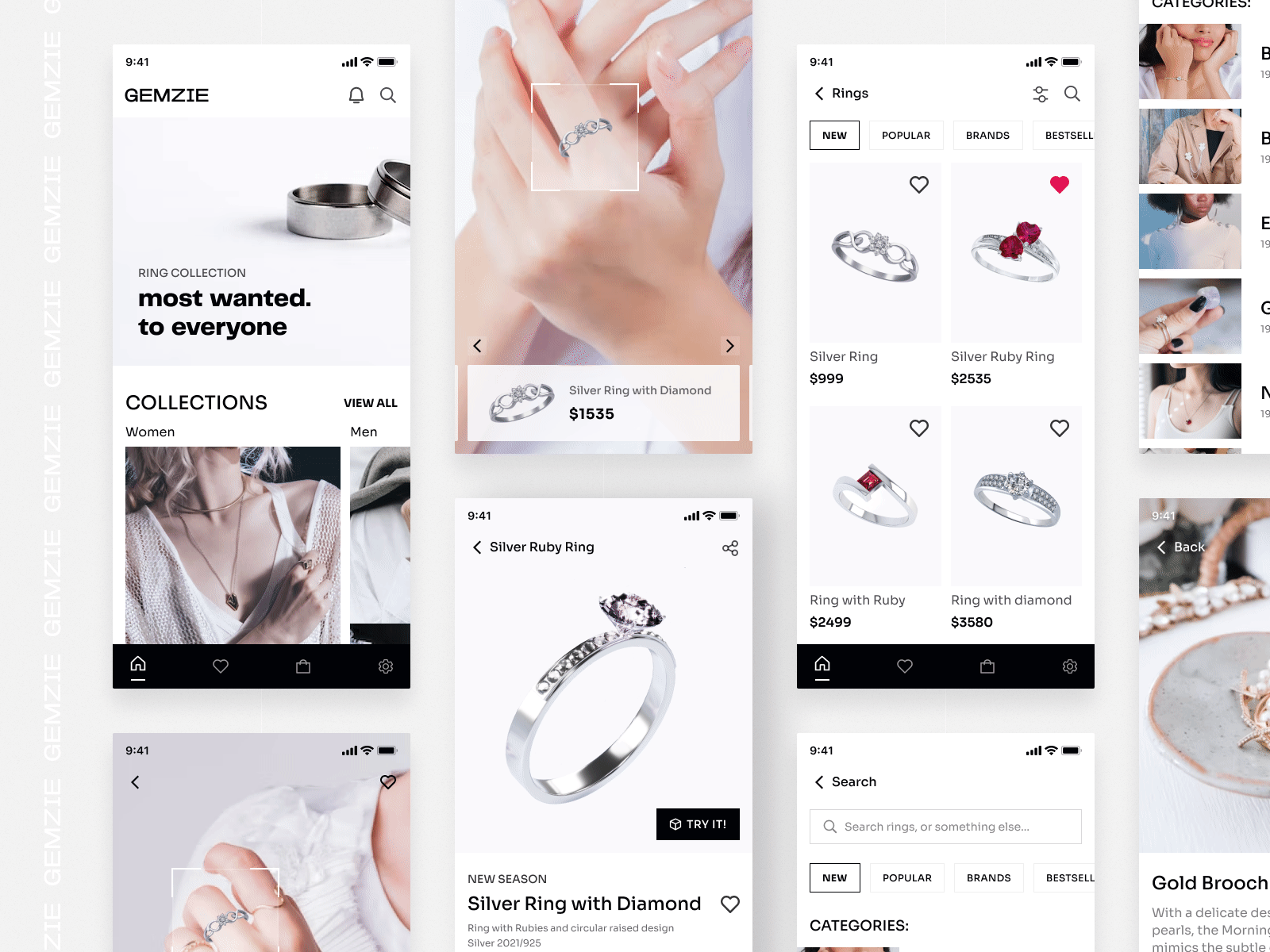 Gemzie - Jewelry Store App animation e commerce jewellery jewelry jewelry store minimalistic mobile mobile app rings store try on ui vr