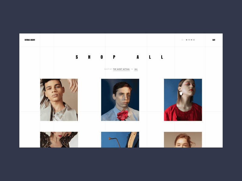 Editorial Archive Product Grid Hover Animation adobepartner adobexd animation custom e-commerce free grid hover imagery models products ui kit