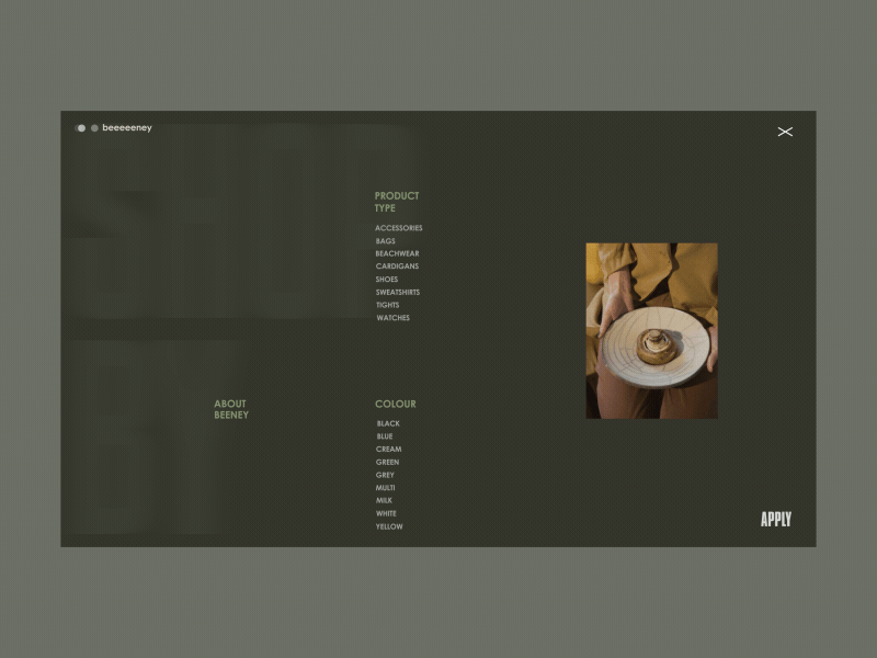 Beeeeeney E-Shop Menu Animation Alternative Version animation category dress e commerce e shop gif hover interaction menu ui ux website