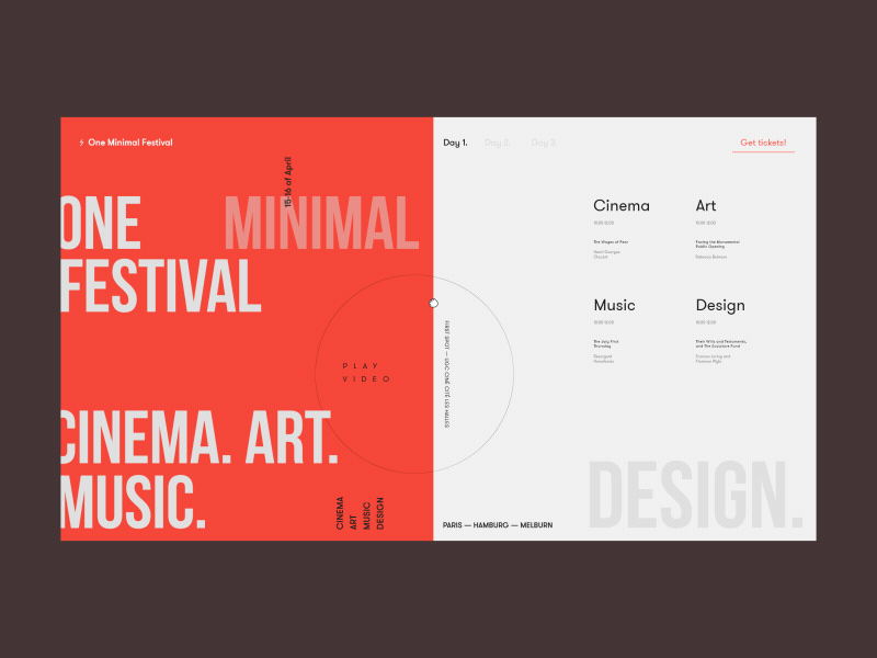 One Minimal Festival Homepage Alternative Version animation art cinema circle design event festival gif grid minimal music red register tickets typography ui ux video white whitespace