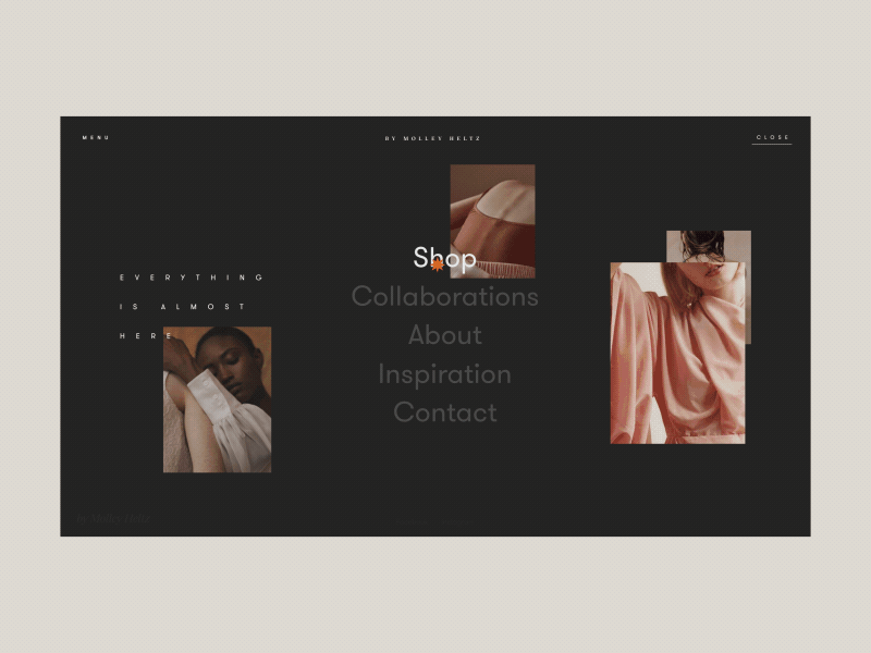 Molley Heltz Menu Page Hover Animation anim animation concept design e-commerce fashion gif grid hover interaction interface menu motion photo promo typography ui ux web website