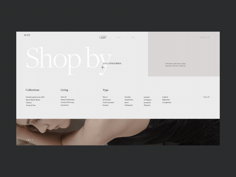 AVST Collection Inner Page Animation anim shop models collection e-commerce photo typography interaction promo motion fashion design concept website interface grid animation web ux ui