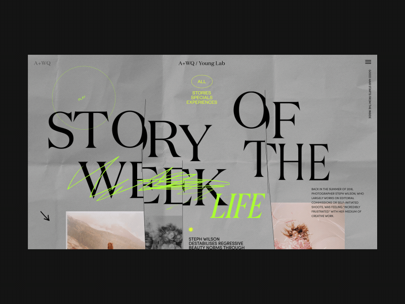 A+WQ/ Young Lab Page Story Of The Week Alternative Version animation blog concept design fashion grid interaction interface motion promo typography ui ux video web website