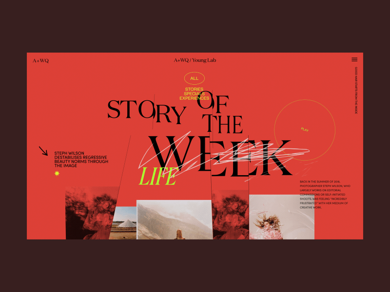 A+WQ/ Young Lab Page Story Of The Week Alternative Version animation blog concept design grid homepage interaction interface motion promo typography ui ux video web website