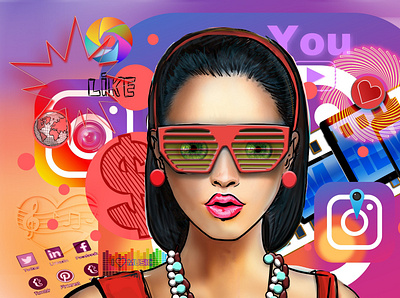 Influence design illustration instagram modern woman phone technology typography vector