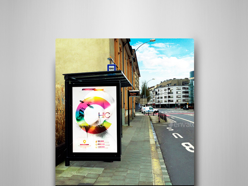 Bus Stops Mock-Ups Pack transportation traffic smart object sign realistic bus stop bus shelter billboard avenue autobus advertising ads