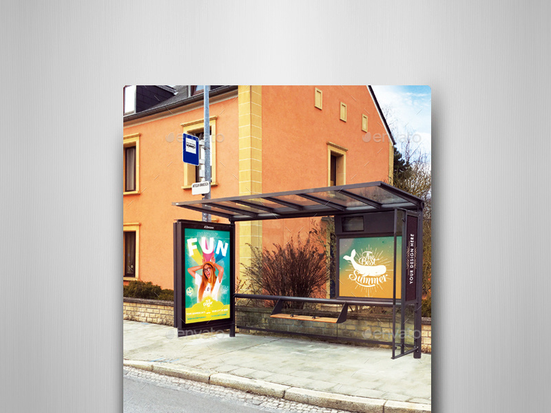 Bus Stops Vol.3 Mock-Ups Pack transportation traffic smart object sign realistic stop bus shelter billboard avenue autobus advertising ads