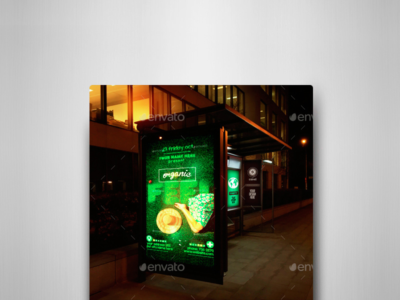 Bus Stops At Night Vol.2 Mock-Ups Pack transportation traffic smart object sign realistic bus stop bus shelter billboard avenue autobus advertising ads