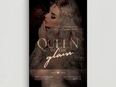 Queen Of The Glam Flyer Template boutique chic classy couture creative disco elegant event fashion fest glamour gold marketing mode model modern new collection night club party promotion