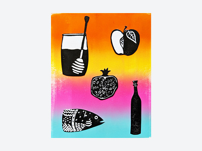 Rosh Hashanah Block Print Papercuts apple artwork block printing children book illustration color color palette custom fade fine art fish illustration judaism ombre papercut pomegranate rainbow raindbow roll rosh hashanah stationery design wine