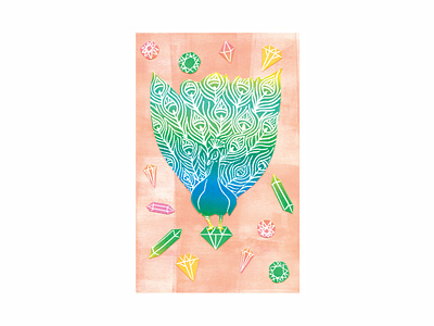 Crystal Peacock artwork bird block printing blue children book illustration color color palette coral crystals design fine art gold green illustration ombre papercut papercutting peacock pink stationery design