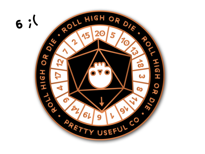 Roll High or Die: d20 Spinner Enamel Pin critical critical hit d20 death dice die dungeons and dragons enamel pin illustration pretty useful co skull spinner