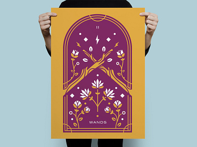 Tarot Series 5: Two of Wands botanical flower illustration monoline occult poster screenprint symmetry tarot two wand wands