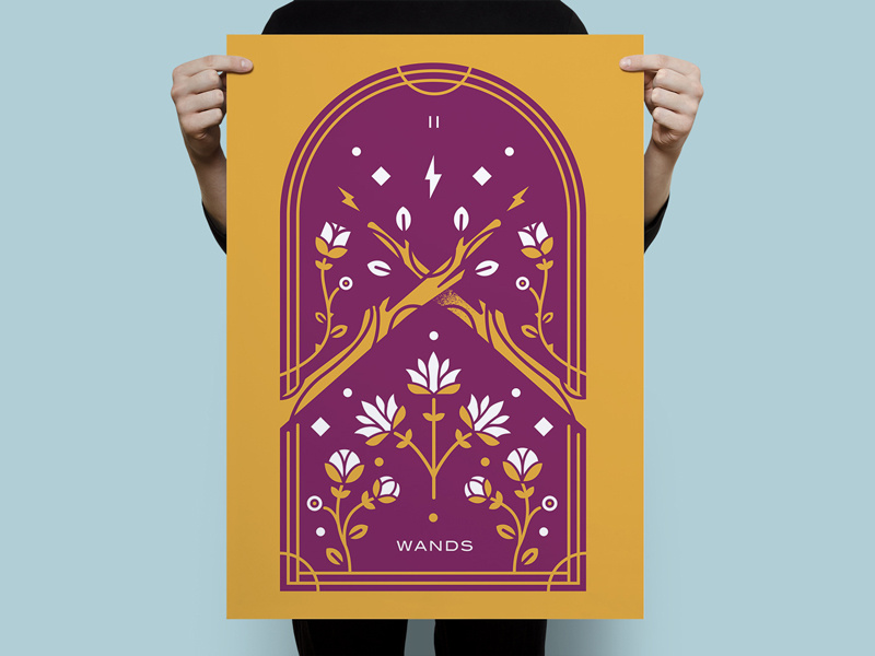 Tarot Series 5: Two of Wands monoline symmetry occult screenprint poster tarot wands two botanical illustration wand flower
