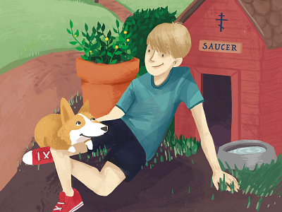 Shepherding Sam Book Cover Illustration childrens book corgi dog dog house illustration kid orthodox saucer young child