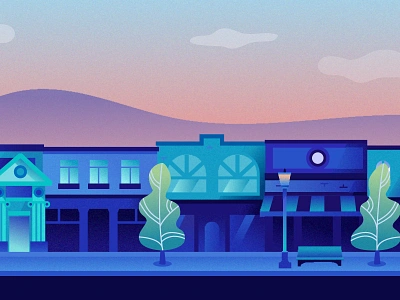 City Street buildings city dusk gradient illustration storefront street sunrise sunset texture trees vibrant