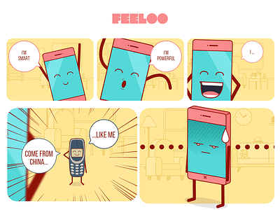 Feeloo - Your Mobile Has Feelings! [Comic Strip #2] app comic strip feeloo flat game illustration ios iphone mobile run and jump vector video game