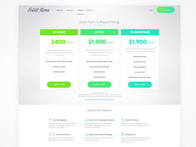 Event Farm Software Pricing blue eventfarm features gradient green grey page pricing software web