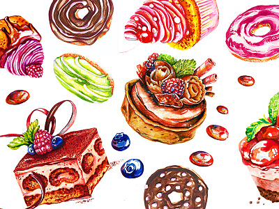 Watercolor pastries set artappler bakery dessert handdrawn pastry sweets watercolor