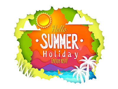 Summer Paper Cut Banner hello holiday illustration lettering palm paper art paper cut sea summer sun typography vector