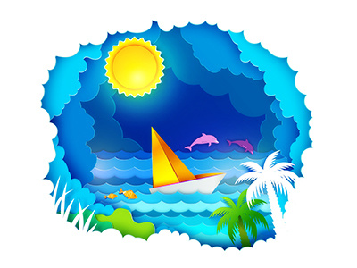 Sun, air and sea cutout dolphins ocean paper art paper craft paradise sea toonel book travel tropic vector