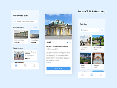 Tours App app blue design flat ios app design lightblue minimal sightseeing st. petersburg tours travel travel agency travel app traveling travelling ui ux