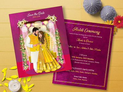 Wedding Invitation Card Design card cartoonportrait design characterdesign couple digital art drawing eventcard flyer graphic design haldinight illustration portraitdesign wedding wedding invitation card weddingcard