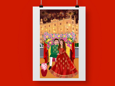 Indian Wedding Illustration art artist cartoon style couple digital art drawing graphic design illustration invitation card portrait wedding card wedding illustration