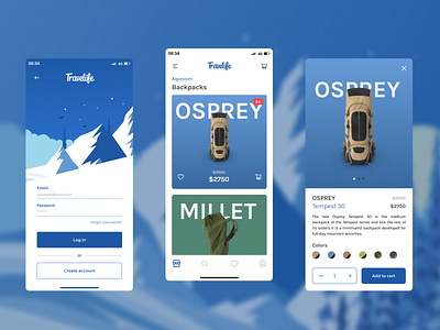 Travelife alpinism app app design blue camping fun graphic design log in mobile mountain product detail shop store ui ux